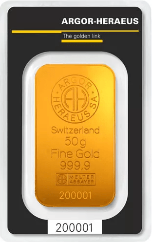 50 Gram Argor Heraeus Kinebar Gold Bar